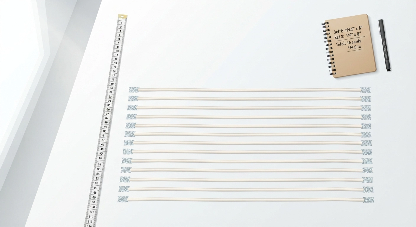 An overhead shot of a clean white desk surface showing the cord measurement process: a measuring tape extended to 114 inches, with 16 individual cotton cords cut and laid parallel in neat rows. Each cord has a small piece of washi tape wrapped around both ends to prevent fraying. A notebook with handwritten measurements sits in the corner. Bright, even daylight illumination from a large window. Clean, instructional aesthetic with plenty of negative space for text overlay.