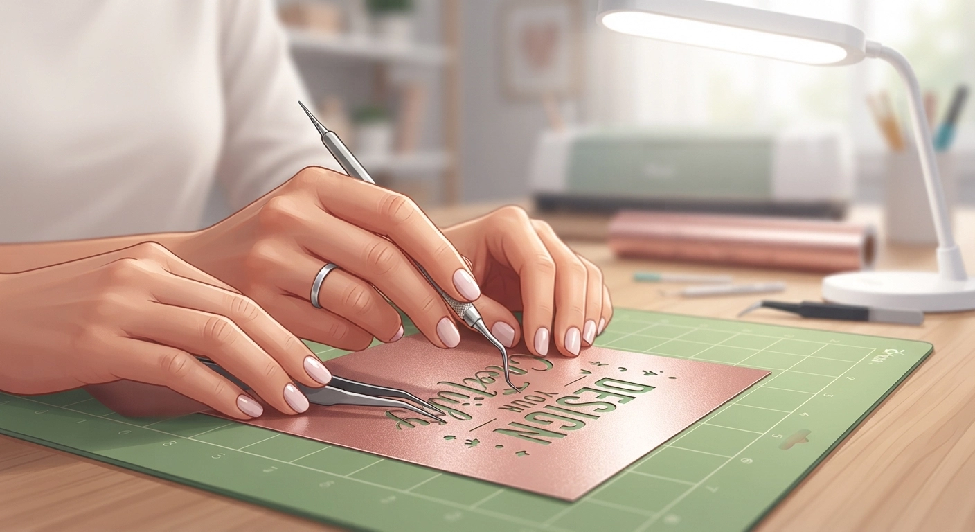 Close-up macro photograph of a person's hands weeding a sheet of vinyl with a metal weeding pick. The vinyl is rose gold metallic on a green Cricut cutting mat. We can see small letters being carefully removed, tweezers in the other hand, and a bright task lamp illuminating the work. Shallow depth of field with crisp focus on the weeding action, craft room background softly blurred.