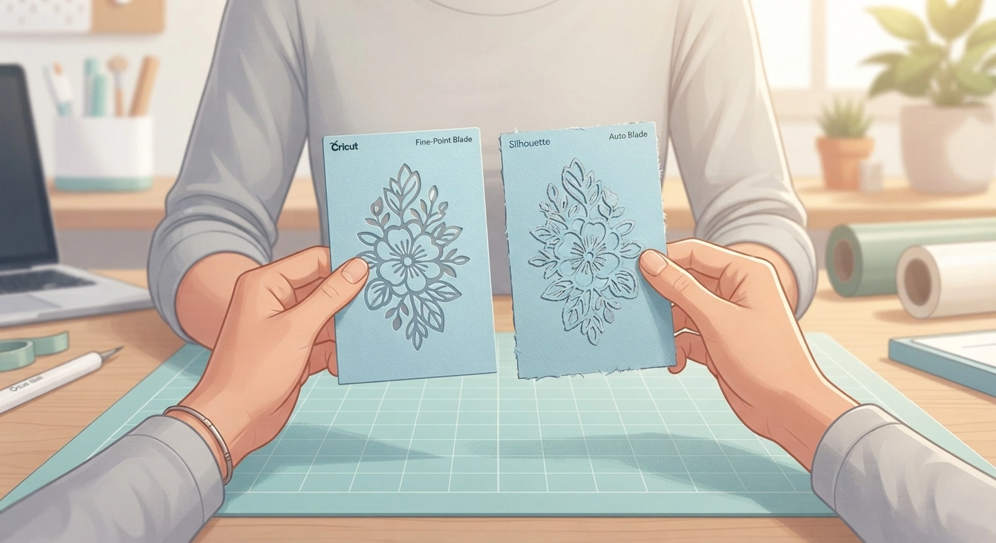 Close-up of a beginner's hands comparing two sample cuts side by side — one made with a Cricut fine-point blade on cardstock and one with a Silhouette auto blade, with labels showing cut quality differences.