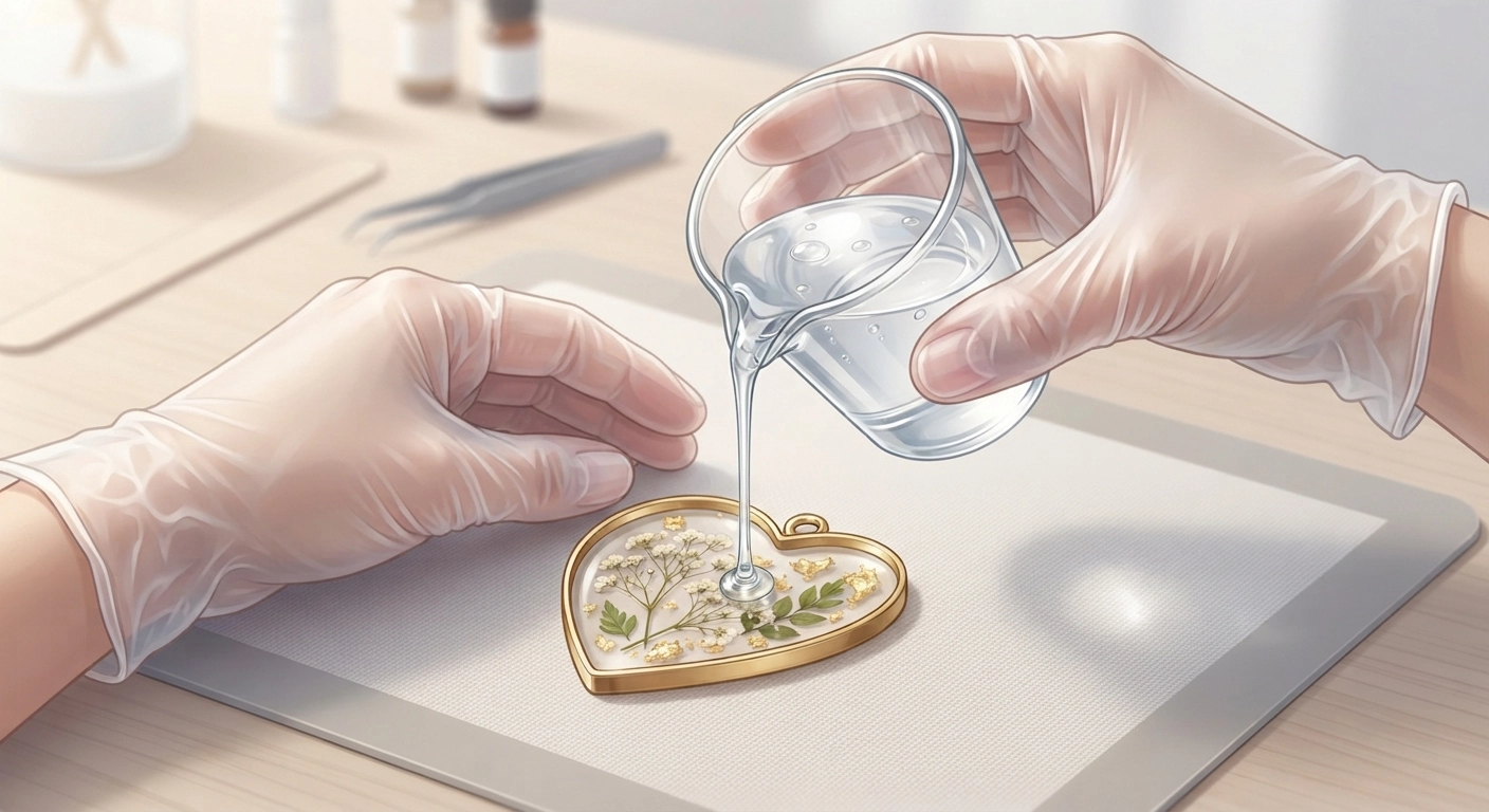 Close-up of gloved hands carefully pouring clear mixed epoxy resin from a small measuring cup into a heart-shaped bezel tray filled with pressed baby's breath flowers and gold leaf. Sharp focus on the resin stream, showing no bubbles.