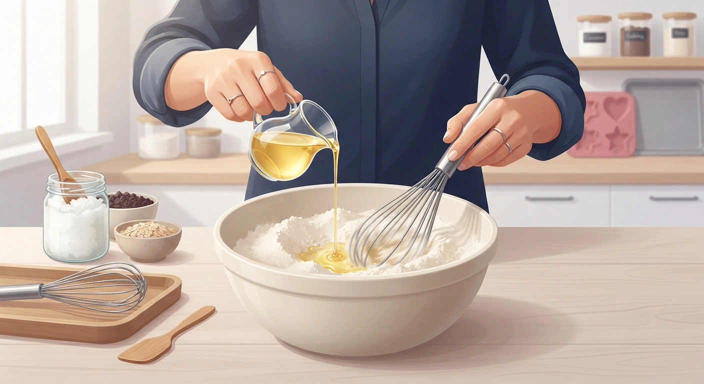 Close-up of hands drizzling melted golden coconut oil into a large bowl of white powder mixture while simultaneously whisking with the other hand. Motion blur on the whisk to show action. Ingredients and molds visible in the background.