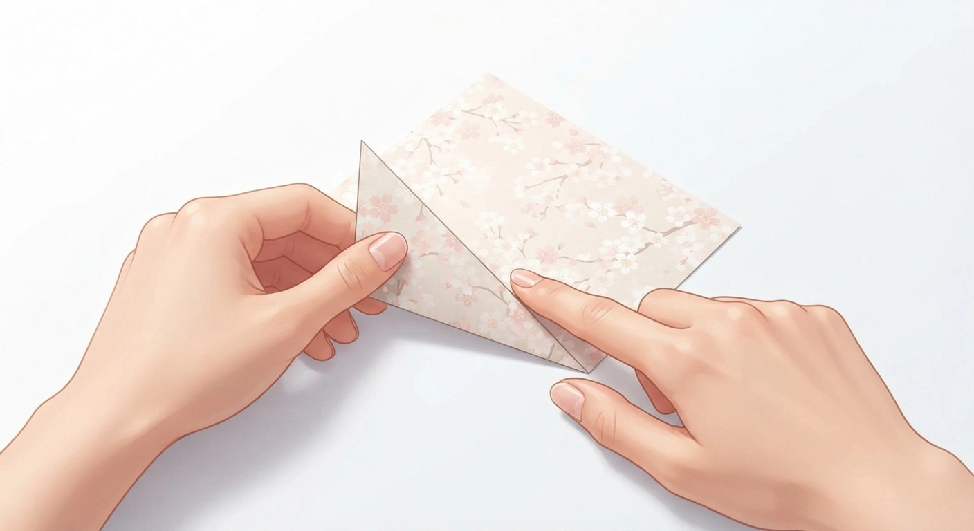 Close-up shot of two hands folding a square of patterned origami paper, showing the precise moment of creating a diagonal crease. The paper features a subtle cherry blossom pattern. Shot from a first-person perspective angle so the viewer feels like they're doing it themselves. Bright, clean white background with soft shadows.