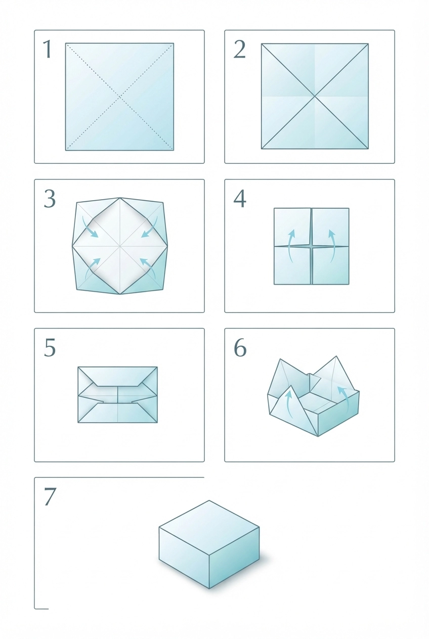 Step-by-step infographic showing 7 illustrated frames of the origami box folding sequence from start to finish. Clean, minimalist line art style with light blue accent arrows indicating fold direction. Each frame is numbered. White background. Suitable for Pinterest.