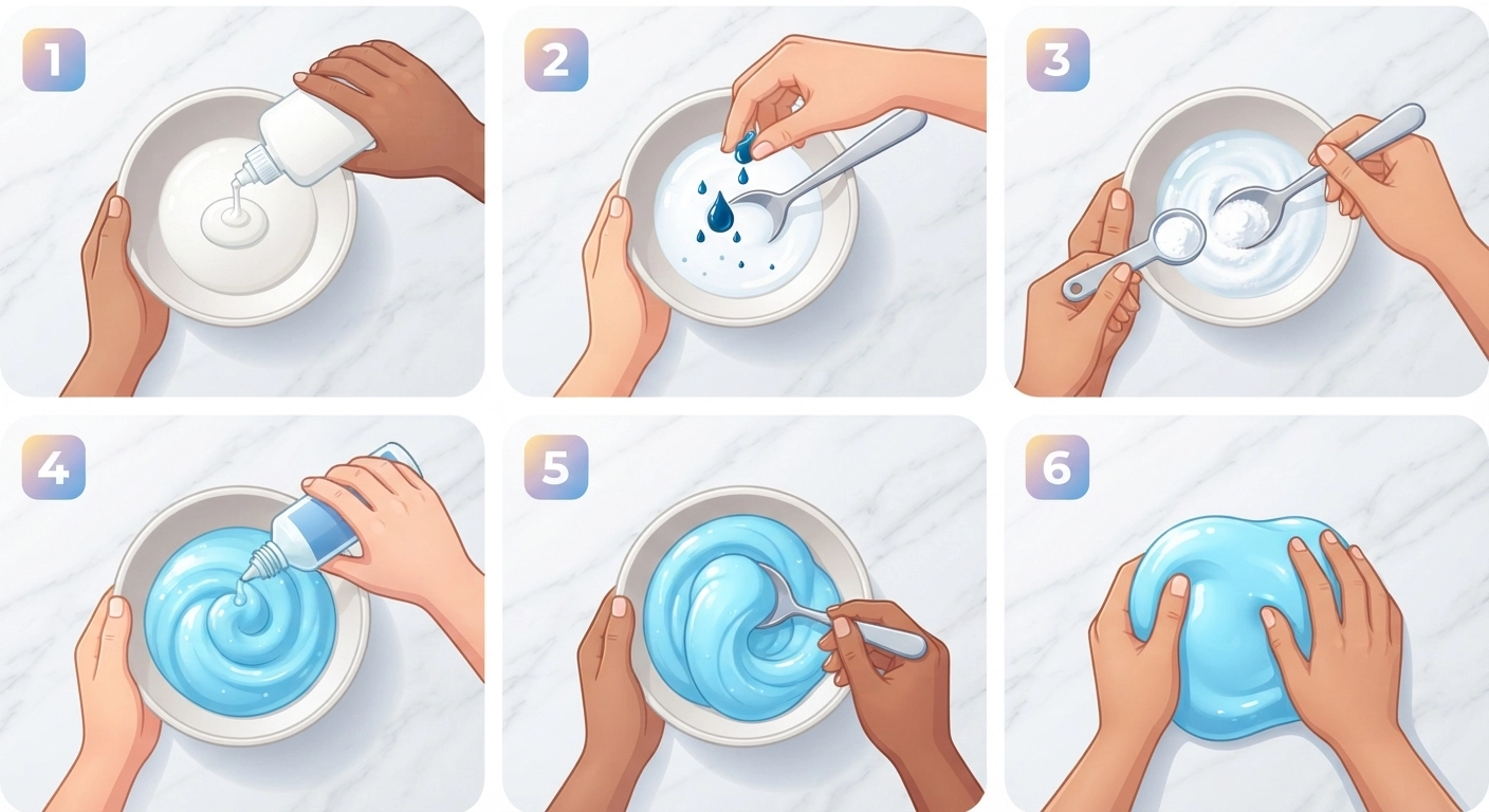 Step-by-step photo sequence showing six stages of making slime: 1) pouring glue into bowl, 2) adding food coloring, 3) mixing in baking soda, 4) adding contact lens solution, 5) the moment the mixture begins to pull away from the bowl sides, 6) hands kneading the finished glossy slime. Each step numbered clearly, bright even lighting, shot from above on a marble surface.