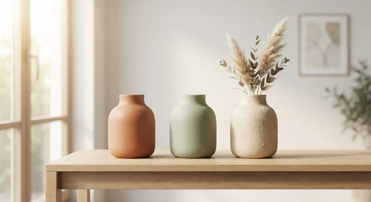 Three finished baking soda paint vases in different neutral colors (warm terracotta, soft sage green, and creamy beige) arranged on a minimalist wooden console table. Each vase has a slightly different texture—one smooth, one medium-grit, one heavily textured. A few dried pampas grass stems sit in one of the vases. Natural morning light streams through a nearby window.