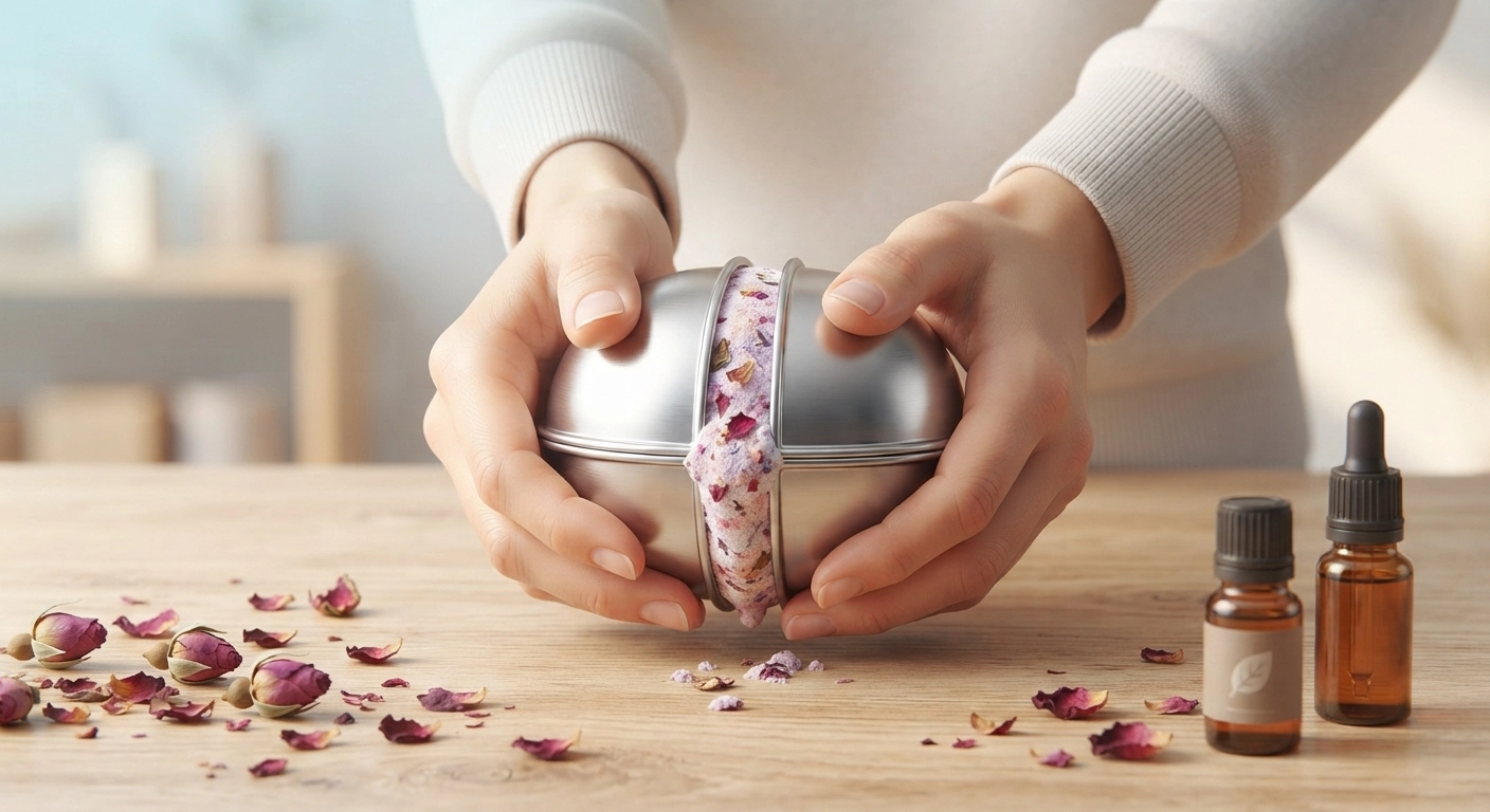 Two halves of a stainless steel bath bomb mold being pressed together firmly with both hands, slight overflow of colored bath bomb mixture visible at the seams. Scattered dried rose petals and essential oil bottles on the wooden table surface.