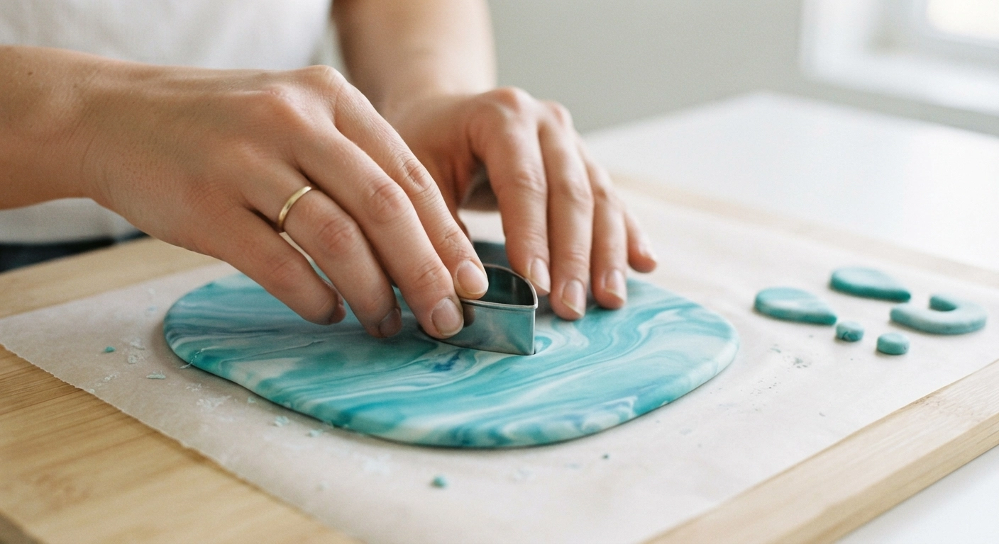 close-up photograph of hands pressing a metal teardrop clay cutter into a smooth slab of marbled turquoise and white polymer clay on parchment paper, with additional cutout shapes visible on the side. Bright natural light, shallow depth of field focusing on the cutter, clean white background.