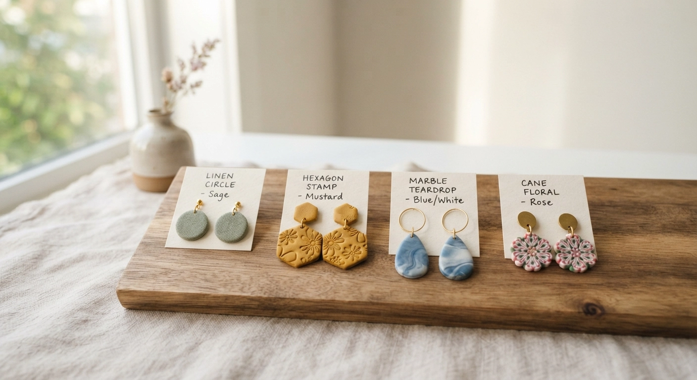 collection of polymer clay earring samples displayed on a wooden board showing different texture techniques: linen-textured circles, geometric stamped hexagons, smooth marbled teardrops, and cane-slice floral patterns. Each pair labeled with small handwritten tags. Warm natural lighting from a window, lifestyle product photography style.
