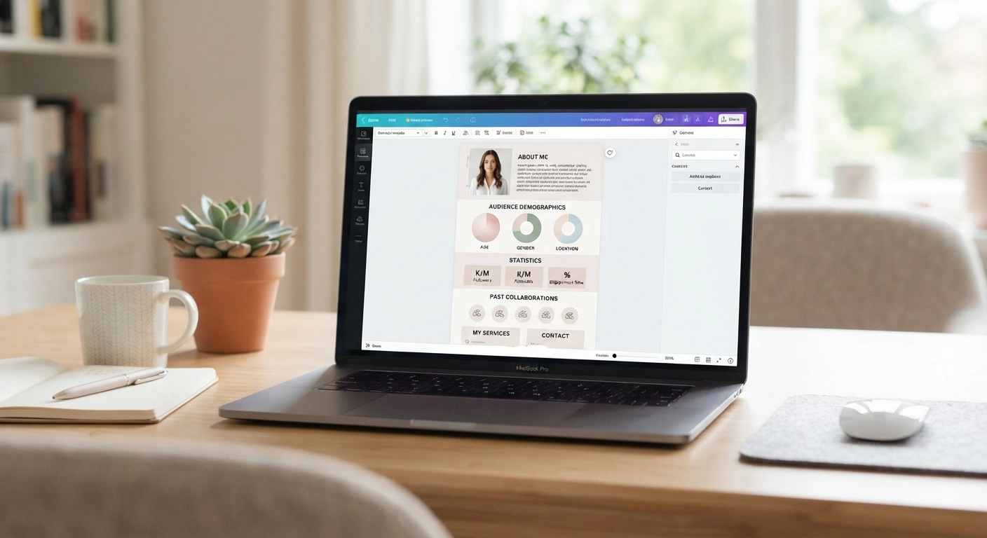 how to make a media kit in canva - A clean, modern media kit template open in the Canva editor on a laptop screen,