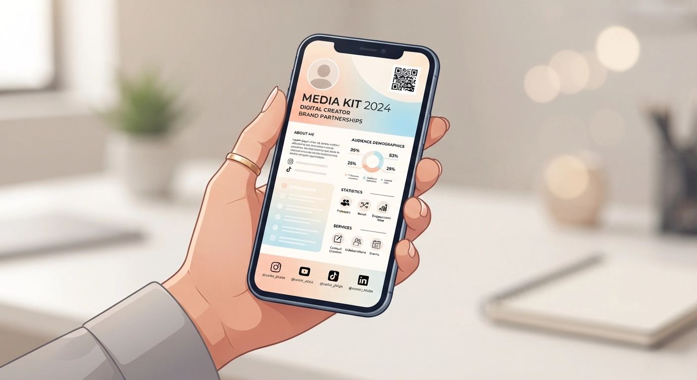 how to make a media kit in canva - Close-up of a smartphone screen displaying a PDF media kit exported from Canva,